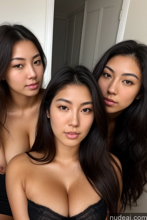 ai nude image of three women in lingersuits posing for a picture in a bathroom pics of One Beautiful Big Ass Skinny Fat Big Hips Long Legs Tall Sexy Face Black Hair Long Hair Japanese Front View Pubic Hair Busty Perfect Boobs Nude 18