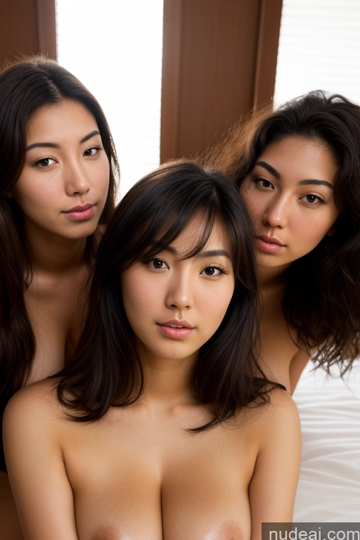 ai nude image of three asian women posing naked on a bed with a white sheet pics of One Beautiful Big Ass Skinny Fat Big Hips Long Legs Tall Sexy Face Black Hair Long Hair Japanese Front View Pubic Hair Busty Perfect Boobs Nude 18