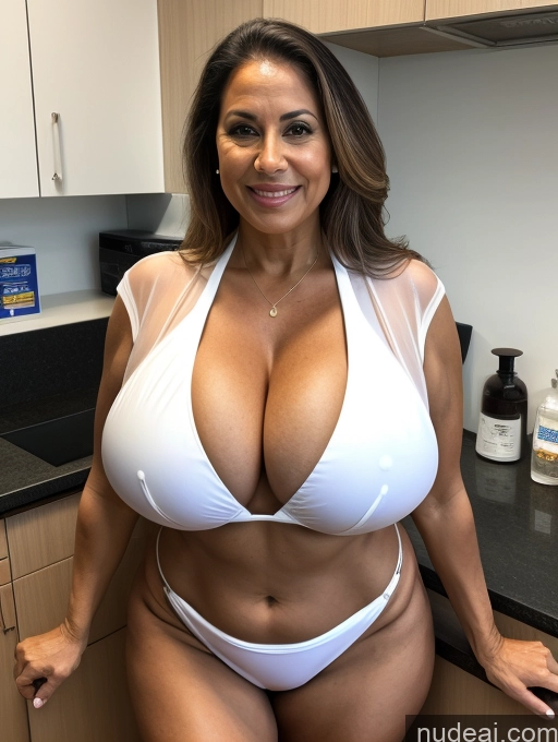 ai nude image of arafed woman in a white bikini posing in a kitchen pics of Milf One Busty Huge Boobs Tanned Skin 60s Front View Microkini Thong Lab Coat Brazilian Professor