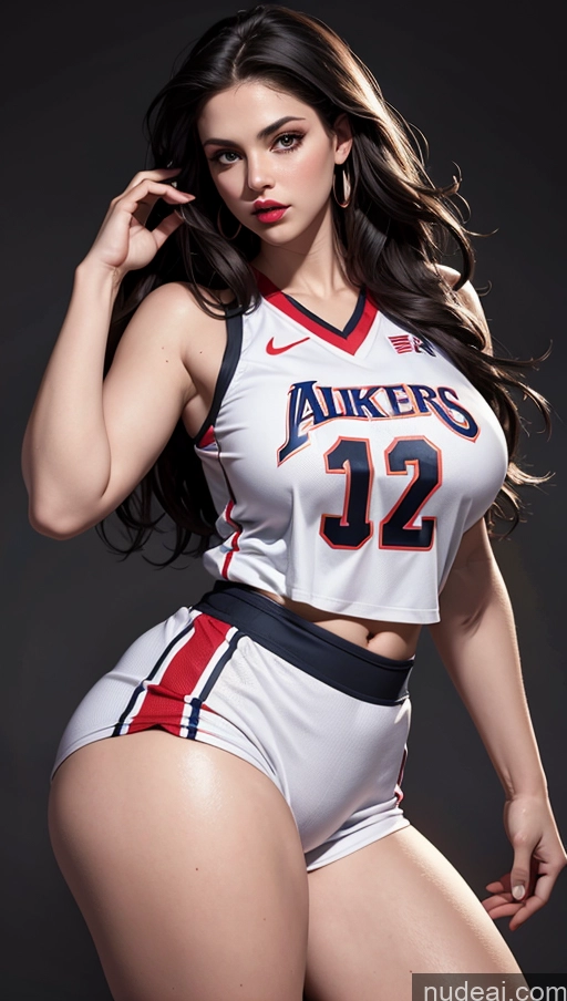 ai nude image of arafed woman in a basketball uniform posing for a picture pics of Busty Lipstick Big Ass Abs Fat Big Hips Fairer Skin Black Hair Long Hair Basketball