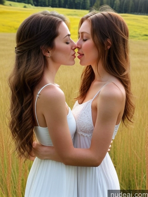 ai nude image of two women in white dresses kissing in a field of tall grass pics of Woman Small Tits Beautiful Skinny Short Fairer Skin 18 Orgasm Ginger Long Hair White Side View Kisses Sundress Meadow Two