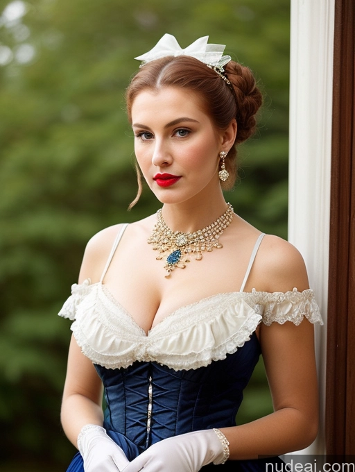 ai nude image of there is a woman in a blue dress and white gloves pics of Milf Busty Skinny Short Lipstick 18 Sad Shocked Hair Bun Front View Dress Traditional Victorian Bows Gloves Pearl Jewelry French Ginger