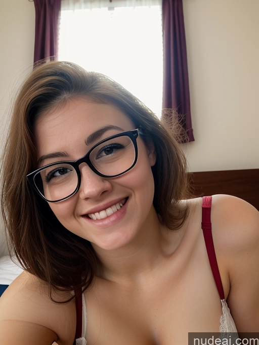 ai nude image of smiling woman in glasses sitting on a bed with a white sheet pics of Woman Beautiful Short Fairer Skin 18 Glasses Perfect Boobs Front View Happy One Bedroom On Back Thick Lingerie Biting Lip Brunette Ponytail