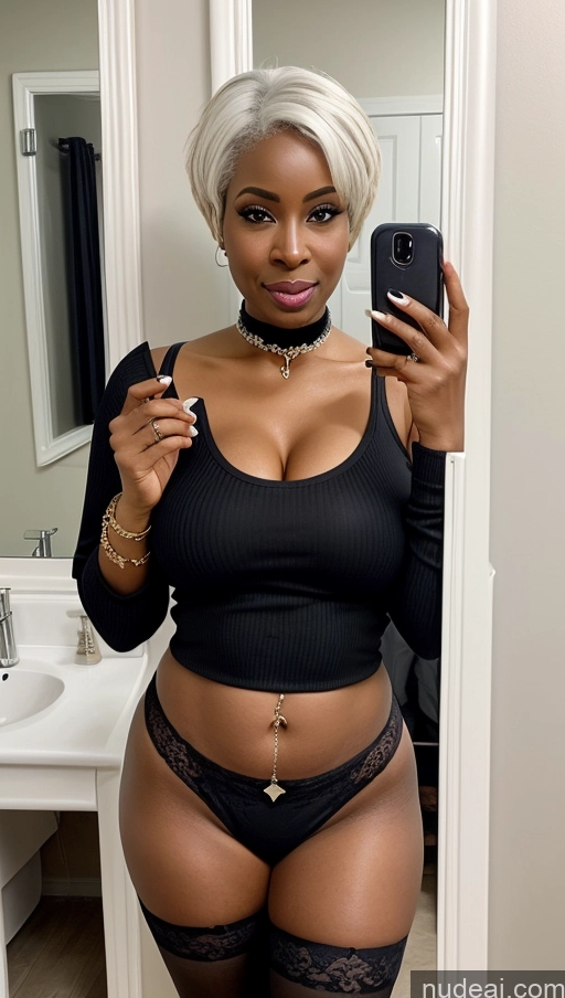 ai nude image of there is a woman taking a selfie in a bathroom mirror pics of Milf Big Ass Big Hips Seductive White Hair Pixie African Mirror Selfie Bathroom Front View Choker Jewelry Perfect Boobs 50s Ahegao