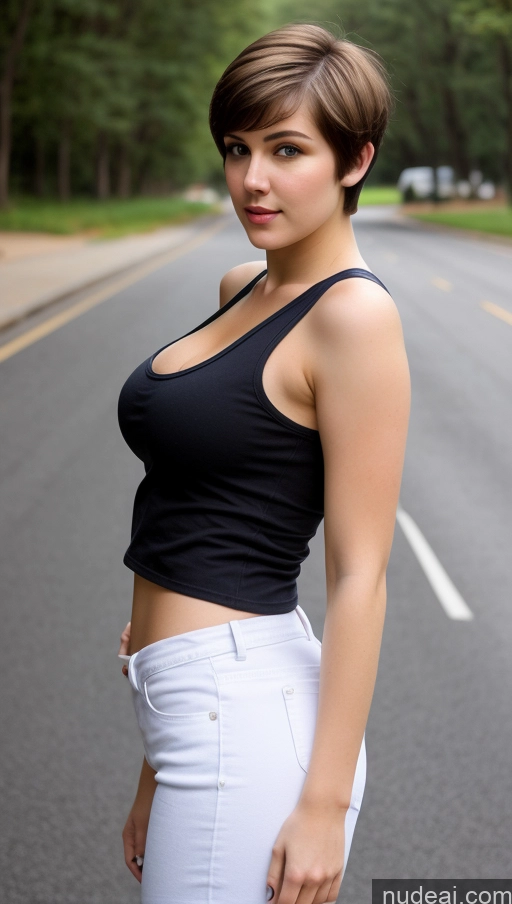 ai nude image of there is a woman standing on the side of the road pics of Busty Perfect Boobs Beautiful Thick Big Hips Fairer Skin 18 Brunette Short Hair Russian Jeans Tank Top Casual