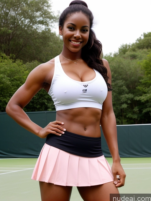 related ai porn images free for Busty Perfect Boobs Beautiful Muscular Perfect Body 20s Dark Skin Happy Laughing Black Hair Hair Bun Black Tennis Cleavage Straddling Mini Skirt