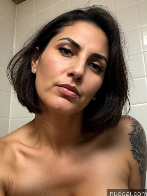 ai nude image of there is a woman with a tattoo on her chest and a tattoo on her arm pics of Bending Over Close-up View Pubic Hair Busty Thick Tanned Skin Tall Seductive Serious Sad Shocked Sexy Face Black Hair Bobcut Jewish Bathroom Tattoos 20s Milf