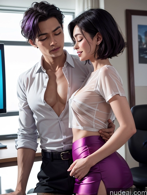 ai nude image of they are two people in a room with a computer and a desk pics of 60s Czech Perfect Boobs Purple Hair Pixie Office Blouse Mini Skirt Satin Cleavage Transparent Simple Laughing Sexy Face Orgasm Two Side View Gaming Woman + Man