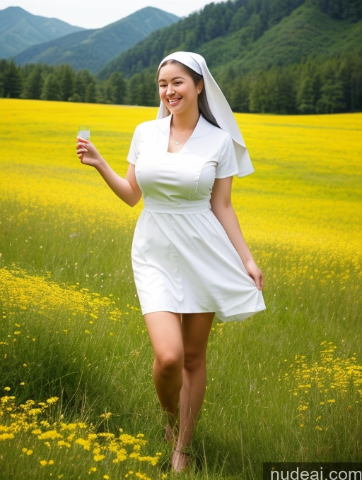 ai nude image of arafed woman in a white dress and a white hat is walking through a field pics of Woman Busty Perfect Boobs Perfect Body 18 Happy Two Nun Meadow Korean