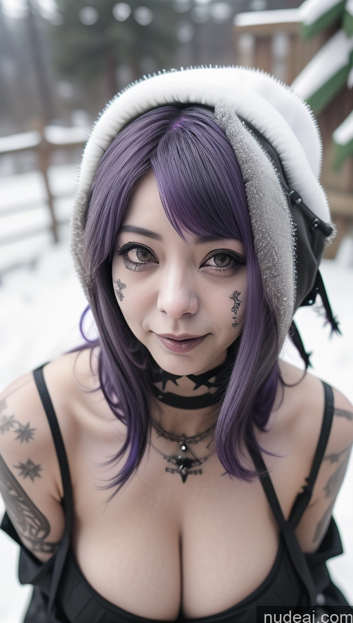 ai nude image of arafed woman with purple hair and tattoos posing for a picture pics of Huge Tits, Hard Nipples Laughing Purple Hair Ethiopian Snow Close-up View Gothic Punk Girl Girls Put Her Breast On The Table Milf