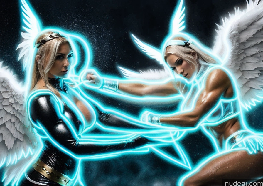 ai nude image of there are two women fighting with each other with wings pics of Abs Superhero Angel Busty Science Fiction Style Several Cosplay Fantasy Armor Bodybuilder Viking Muscular Powering Up Neon Lights Clothes: Blue Shower