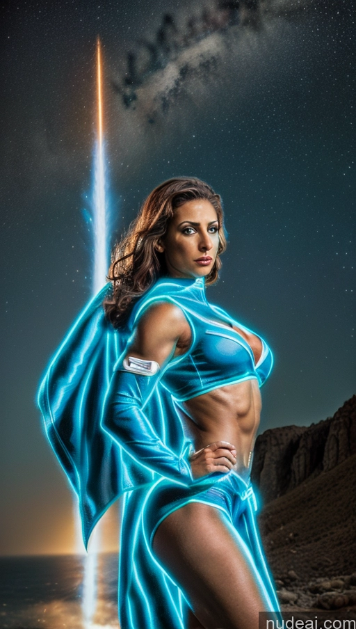 ai nude image of arafed woman in a blue outfit posing in front of a star filled sky pics of Several Israel Powering Up Superhero Jewish Busty Abs Bodybuilder Muscular Science Fiction Style Neon Lights Clothes: Blue Has Wings