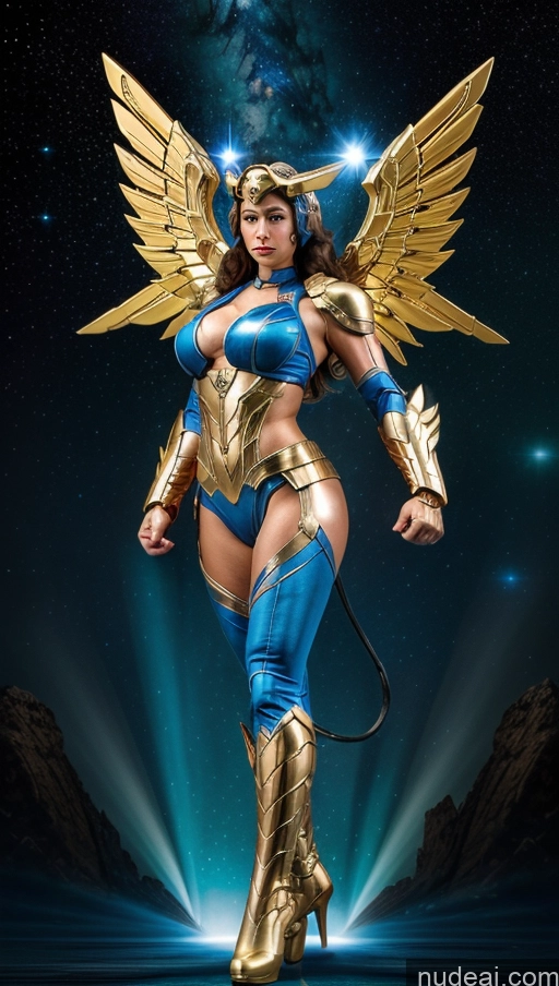 ai nude image of arafed woman in a blue and gold costume with wings pics of Several Israel Powering Up Superhero Jewish Busty Abs Bodybuilder Muscular Science Fiction Style Has Wings SSS: A-Mecha Musume A素体机娘