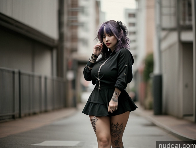 ai nude image of araffe woman with purple hair and tattoos on her leg walking down a street pics of Two Busty Huge Boobs Beautiful Tattoos Big Ass Big Hips Short Perfect Body 18 Purple Hair Messy Skirt Tug Dress Tug Clothes Tug Gothic Punk Girl Russian