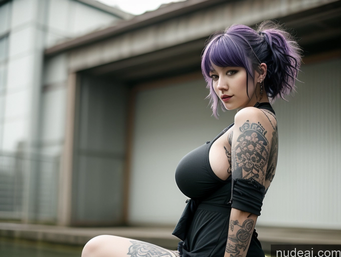 ai nude image of arafed woman with purple hair and tattoos sitting on a ledge pics of Two Busty Huge Boobs Beautiful Tattoos Big Ass Big Hips Short Perfect Body 18 Purple Hair Messy Skirt Tug Dress Tug Clothes Tug Gothic Punk Girl White