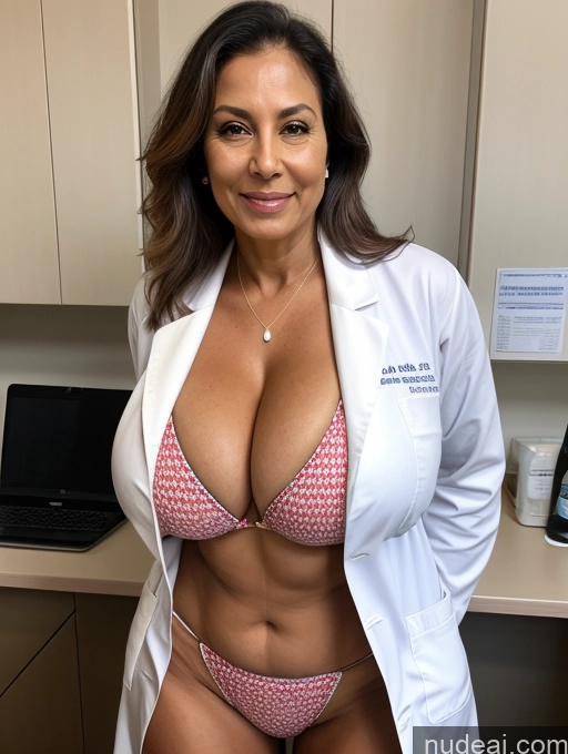 ai nude image of arafed woman in a lab coat posing for a picture pics of Milf One Busty Huge Boobs Tanned Skin 70s Brazilian Front View Microkini Lab Coat Professor Thong