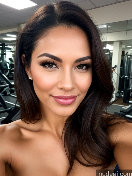 ai nude image of a close up of a woman with long hair in a gym pics of Perfect Boobs Beautiful Perfect Body Front View Nude Dark Lighting Detailed Abs Brunette Big Hips Skin Detail (beta) Happy Skinny Tall Spreading Legs Tanned Skin Pouting Lips Thai Gym 30s Long Hair Milf