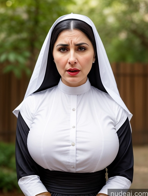 ai nude image of nun with a surprised look on her face pics of Woman Busty Huge Boobs Lipstick Short Skinny Sad Shocked Front View Dress Traditional Victorian Pearl Jewelry Hair Bun Black Hair Angry Long Skirt Jewish Nun 50s