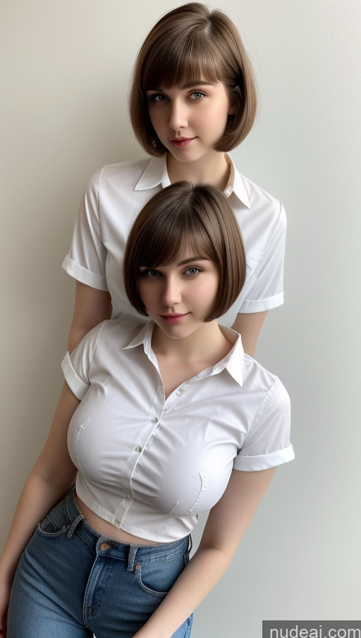 ai nude image of there are two women posing for a picture together in a white shirt pics of Busty Perfect Boobs Thick Big Hips Fairer Skin Beautiful 18 Brunette Short Hair Russian Shirt Jeans