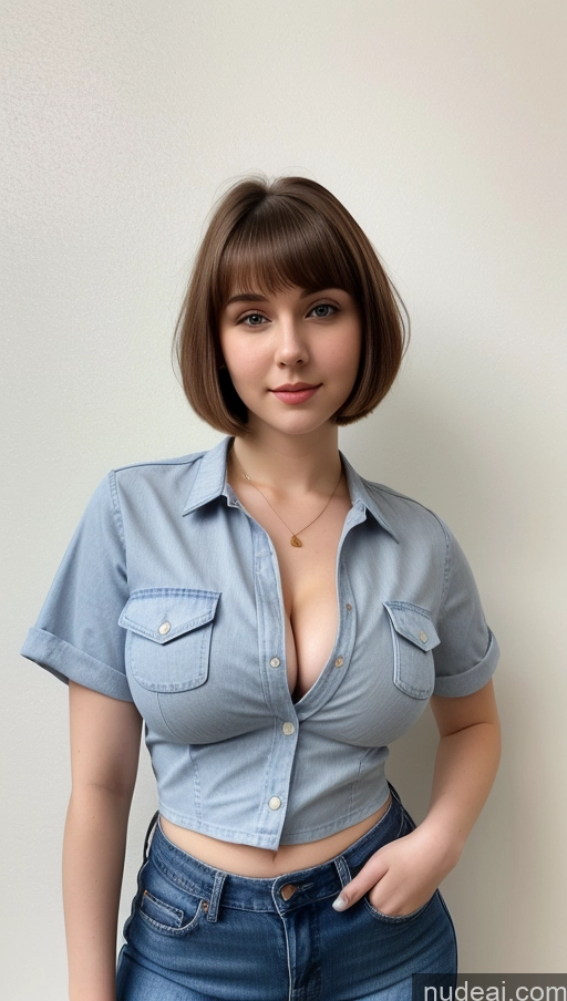 ai nude image of arafed woman in a denim shirt and jeans posing for a picture pics of Busty Perfect Boobs Thick Big Hips Fairer Skin Beautiful 18 Brunette Short Hair Russian Shirt Jeans