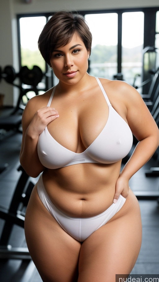 ai nude image of araffe woman in a white bikini posing in a gym pics of Perfect Boobs Beautiful Big Ass Fat Big Hips Short Pubic Hair Short Hair Sports Bra Yoga Pants Detailed Busty Chubby Nude Bright Lighting Topless Thick Muscular Dutch Skin Detail (beta) Gym