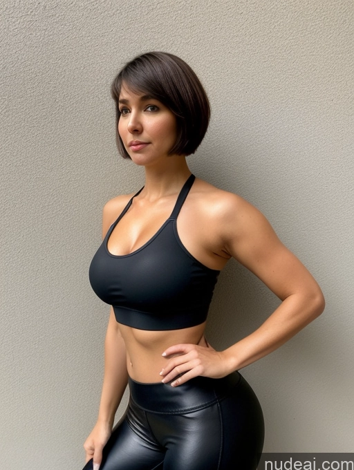 ai nude image of arafed woman in black leather pants and a black bra top pics of Perfect Boobs Beautiful Serious Crisp Anime Street Dark Lighting Big Ass Short Short Hair Brunette 40s Yoga Pants Leather Chubby Sports Bra