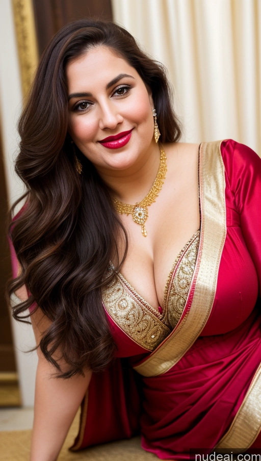 ai nude image of araffe woman in a red sari posing for a picture pics of Milf Busty Beautiful Lipstick Chubby Thick Big Hips Fat Fairer Skin 20s Happy Seductive Brunette Long Hair Russian Party Front View Straddling Sari Blouse Dirndl Victorian Cleavage Gold Jewelry