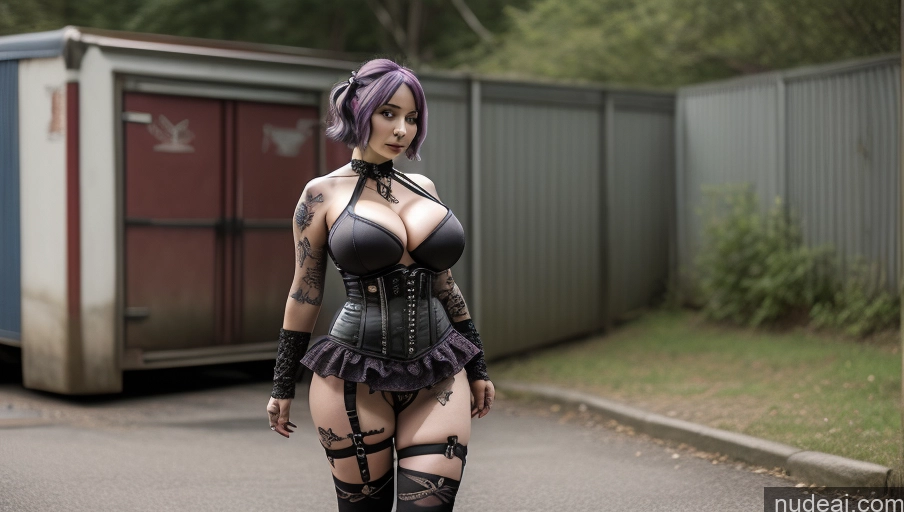 ai nude image of there is a woman in a corset and stockings walking down the street pics of Two Busty Huge Boobs Beautiful Tattoos Big Ass Big Hips Short Perfect Body 18 Purple Hair Gothic Punk Girl Pixie Milf Latina Corset Microskirt Front View