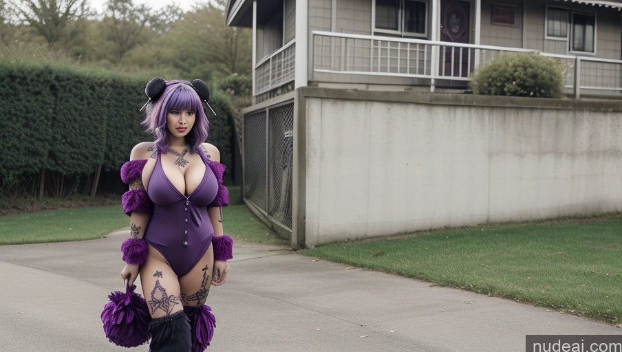 ai nude image of purple haired woman in a purple bodysuit walking down a street pics of Milf Busty Huge Boobs Beautiful Tattoos Big Ass Big Hips Short Perfect Body Gothic Punk Girl 18 Purple Hair Pixie Latina Front View Cheerleader Onesie Two