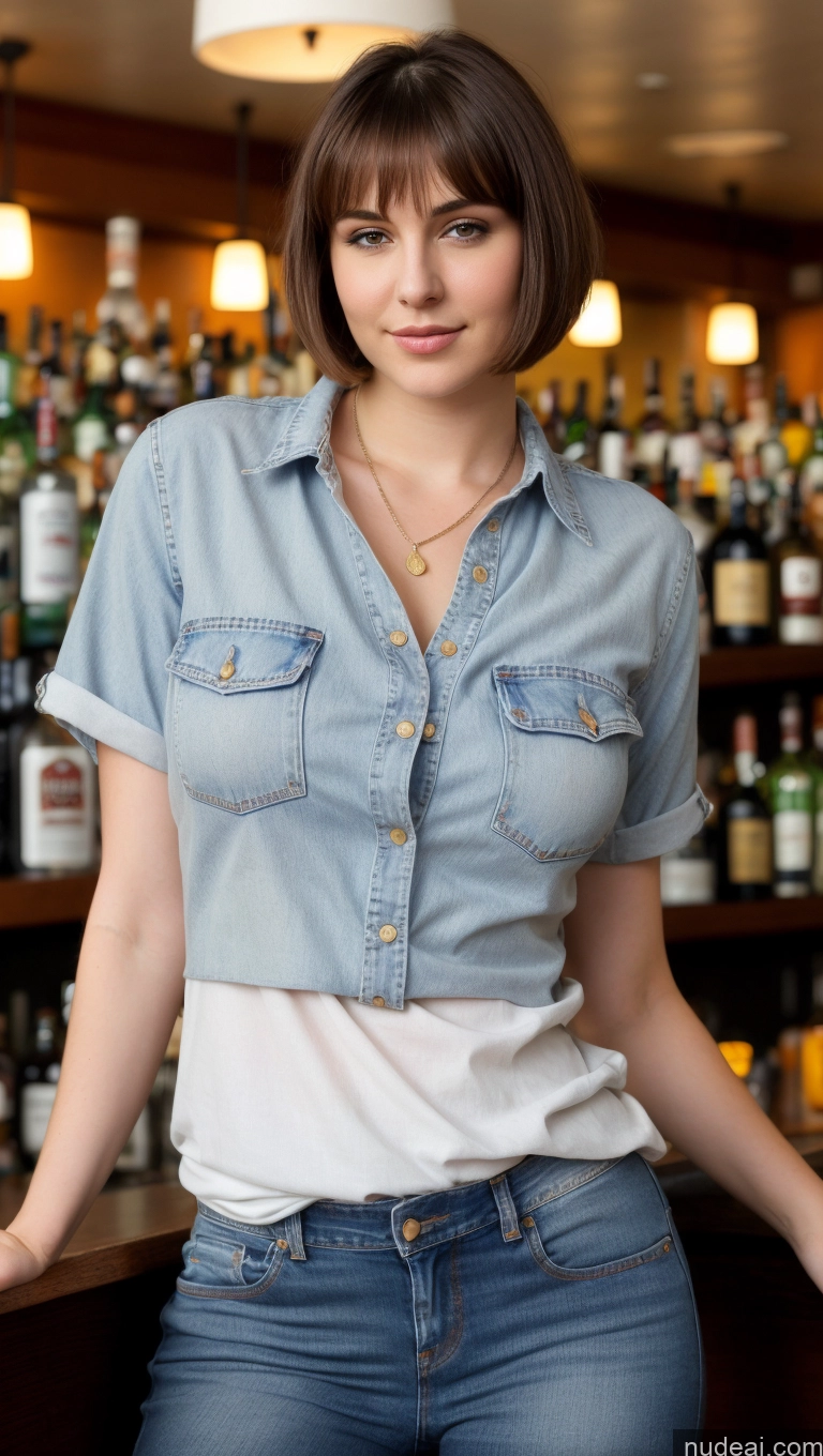 ai nude image of arafed woman in a denim shirt and jeans leaning on a bar pics of Busty Perfect Boobs Beautiful Thick Fairer Skin Big Hips 18 Brunette Short Hair Russian Detailed Bar Shirt Jeans