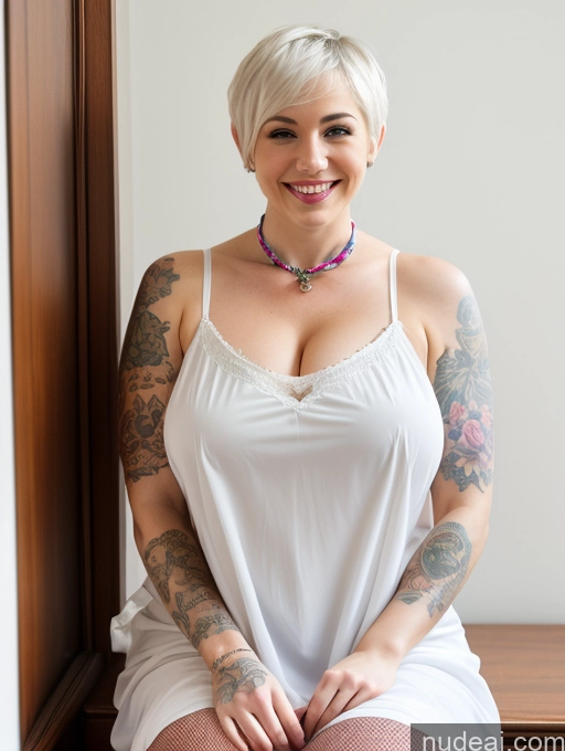 ai nude image of there is a woman with tattoos sitting on a window sill pics of Woman One Huge Boobs Tattoos Fairer Skin 20s Happy White Hair Short Hair Russian Chemise Doctor Dress High Socks Scarf Cleavage