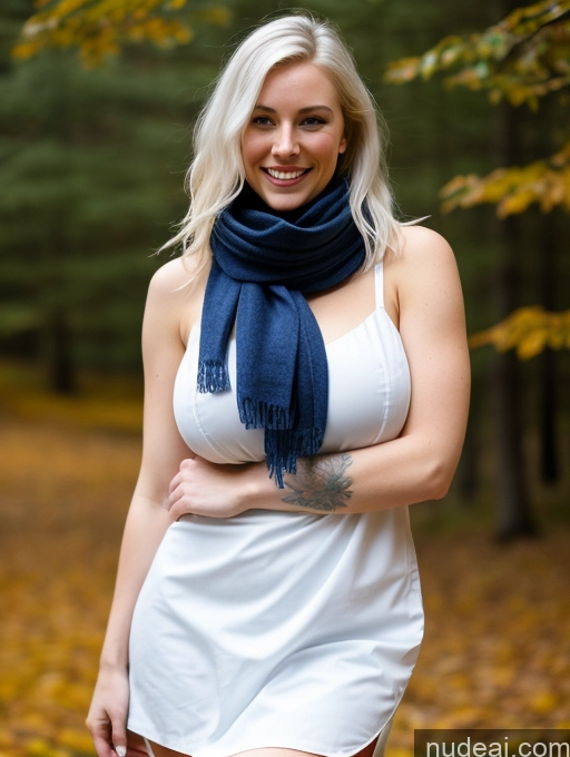 ai nude image of blonde woman in white dress and blue scarf posing for a picture pics of Woman One Huge Boobs Tattoos Fairer Skin 20s Happy White Hair Chemise Doctor Dress High Socks Scarf Scandinavian Partially Nude Bobcut