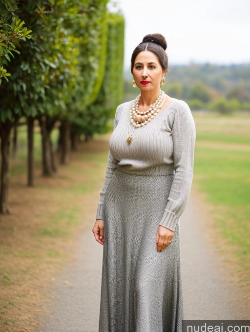 ai nude image of a woman in a long dress standing on a path in a park pics of Milf Busty Lipstick Skinny Short Sad Shocked Front View Dress Long Skirt Traditional Sweater Pearl Jewelry Brunette French 40s Hair Bun