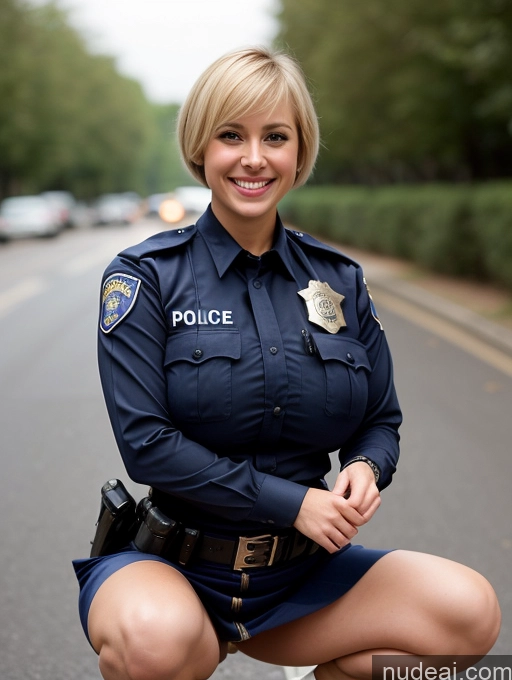 ai nude image of arafed woman in police uniform kneeling on the side of the road pics of Woman One Busty Huge Boobs Beautiful Skinny 20s Happy Laughing Blonde Short Hair Police Mini Skirt Squatting