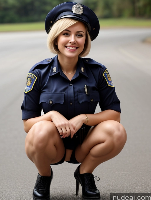 ai nude image of arafed woman in a police uniform kneeling down on the street pics of Woman One Busty Huge Boobs Beautiful Skinny 20s Happy Laughing Blonde Short Hair Police Mini Skirt Squatting