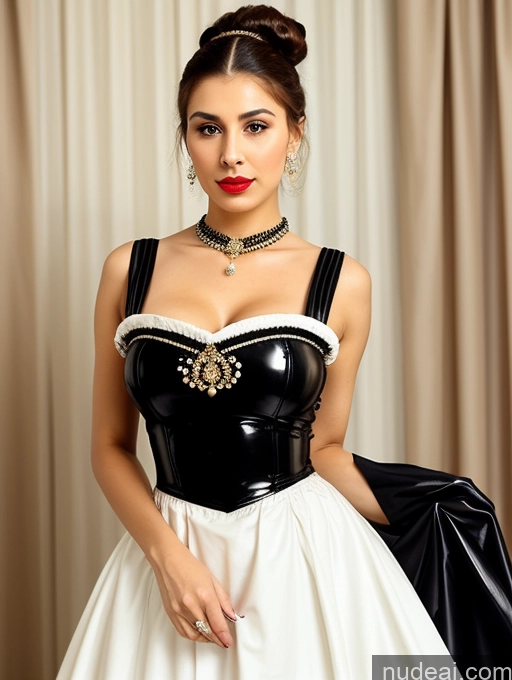 ai nude image of araffe dressed in a black and white dress and a black jacket pics of Milf Busty Lipstick Skinny Short Sad Shocked Front View Dress Long Skirt Traditional Pearl Jewelry Hair Bun Ginger 18 Victorian Arabic Latex Maid