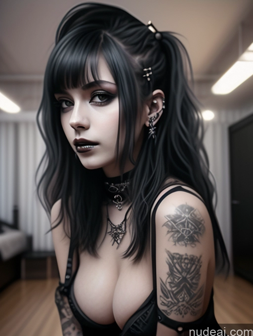 ai nude image of gothic woman with tattoos and piercings posing in a room pics of Busty Perfect Boobs Close-up View Gothic Punk Girl Model Perfect Body Beautiful 18 Black Hair Long Hair Russian Bedroom One