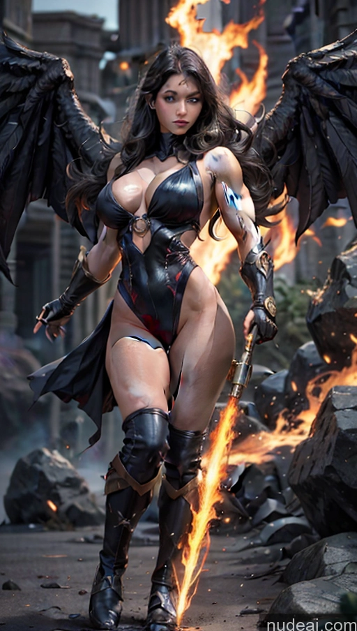 ai nude image of arafed woman in a black outfit with wings and a sword pics of Several Busty Muscular Abs Persian Science Fiction Style Superhero Bodybuilder Powering Up Has Wings Battlefield