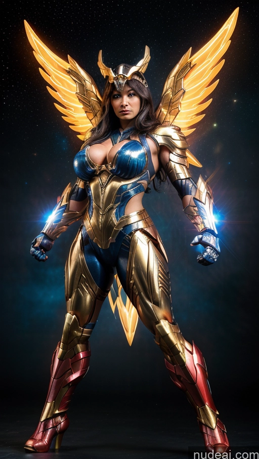 ai nude image of araffe woman in a golden outfit with wings and a sword pics of Bodybuilder Busty Several Muscular Abs Science Fiction Style Powering Up Superhero Persian Has Wings Dynamic View Heat Vision SSS: A-Mecha Musume A素体机娘