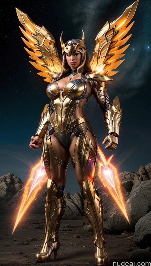 ai nude image of arafed woman in a golden costume with wings and a sword pics of Bodybuilder Busty Several Muscular Abs Science Fiction Style Powering Up Superhero Persian Has Wings Dynamic View Heat Vision SSS: A-Mecha Musume A素体机娘