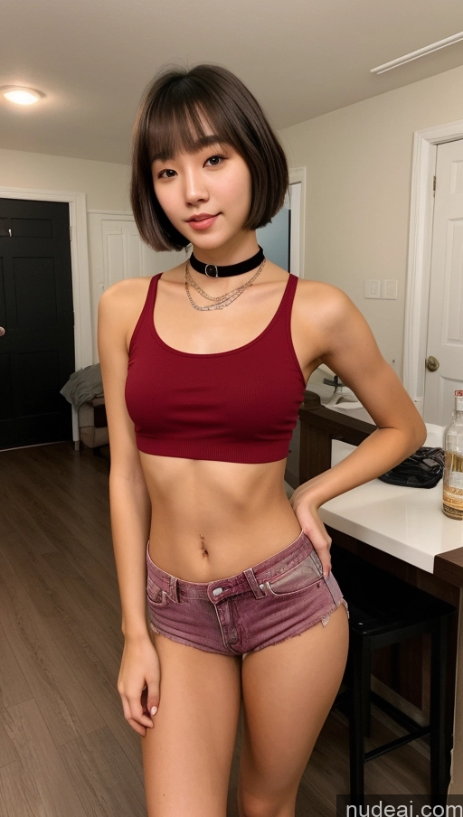 ai nude image of arafed asian woman in a red top and purple shorts posing for a picture pics of Small Tits Beautiful Skinny Small Ass 18 Brunette Short Hair Choker Party Partially Nude Tank Top Daisy Dukes Sorority Korean