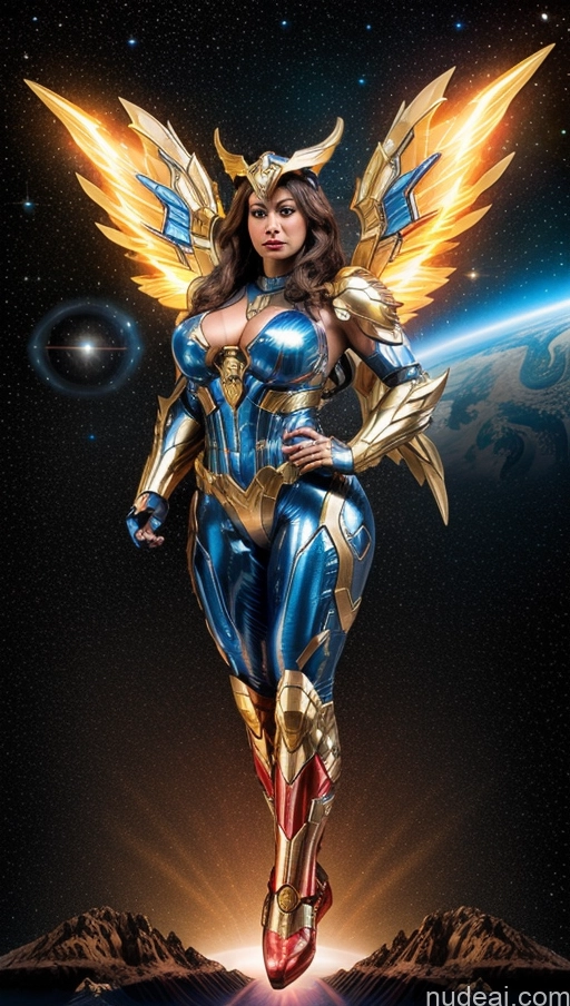 ai nude image of a woman in a blue and gold costume flying over a planet pics of Bodybuilder Several Busty Persian Superhero Regal Powering Up Has Wings Science Fiction Style Space Dynamic View Heat Vision SSS: A-Mecha Musume A素体机娘