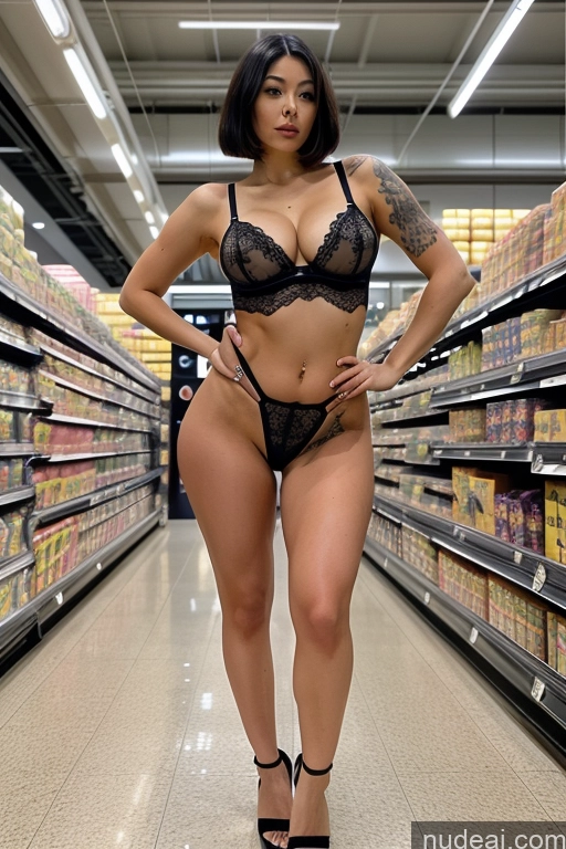 ai nude image of araffe in a lingerie posing in a store aisle pics of Lingerie Model Busty Perfect Boobs Small Ass Skinny Pubic Hair Tattoos 30s Serious Black Hair Bobcut Japanese Grocery High Heels Full Frontal Round Ass Suspender Belt