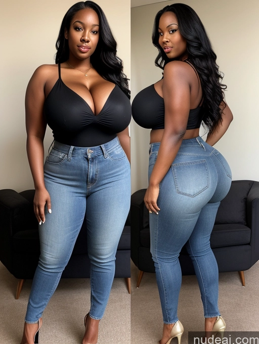 ai nude image of a close up of two photos of a woman in jeans and heels pics of Woman Huge Boobs Perfect Boobs Big Ass Big Hips Thick Perfect Body 30s Black Hair Long Hair African Blouse Jeans High Heels