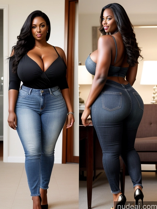 ai nude image of two women in jeans and heels posing for a picture pics of Woman Huge Boobs Perfect Boobs Big Ass Big Hips Thick Perfect Body 30s Black Hair Long Hair African Blouse Jeans High Heels Cleavage Detailed