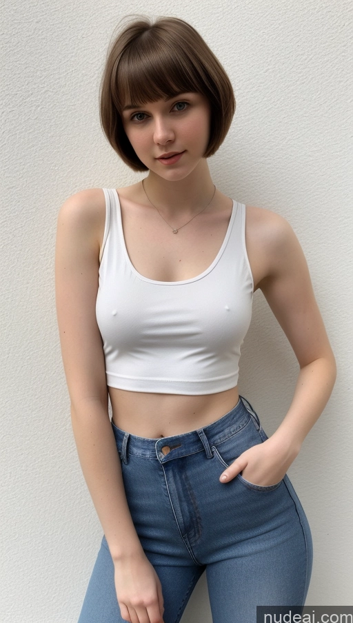 ai nude image of arafed woman in white tank top and jeans leaning against a wall pics of Beautiful Big Hips Short Hair Fairer Skin 18 Brunette Russian Skinny Small Tits Jeans Tank Top