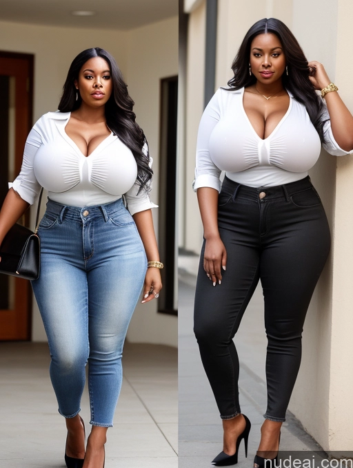 ai nude image of two women in jeans and heels are standing next to each other pics of Woman Huge Boobs Perfect Boobs Big Ass Big Hips Thick Perfect Body 30s Black Hair Long Hair African Blouse Jeans High Heels Cleavage Detailed