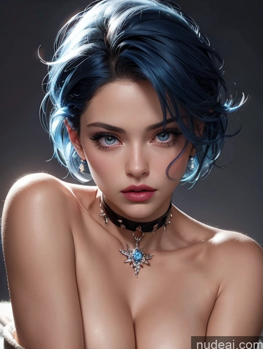 ai nude image of a close up of a woman with blue hair and a choke pics of Skinny Fairer Skin 30s Pouting Lips Blue Hair Pixie Shirt Cleavage Choker Bending Over Busty Miss Universe Model