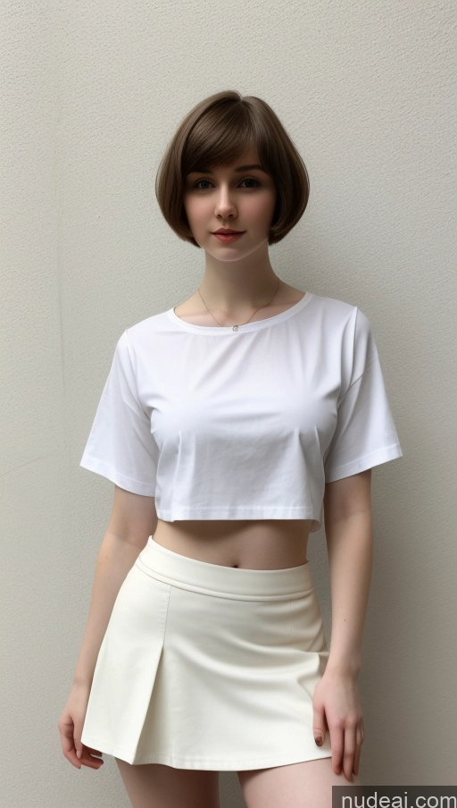 ai nude image of arafed woman in a white shirt and a white skirt pics of Beautiful Big Hips Short Hair Fairer Skin 18 Brunette Russian Skinny Small Tits Shirt Micro Skirt