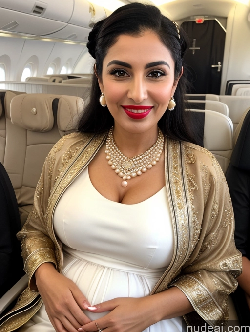 ai nude image of araffe woman in a white dress and gold jacket sitting in an airplane pics of Milf Busty Lipstick Skinny Short Pregnant 50s Shocked Happy Black Hair Hair Bun Arabic Front View Dress Long Skirt Traditional Pearl Jewelry Flight Attendant